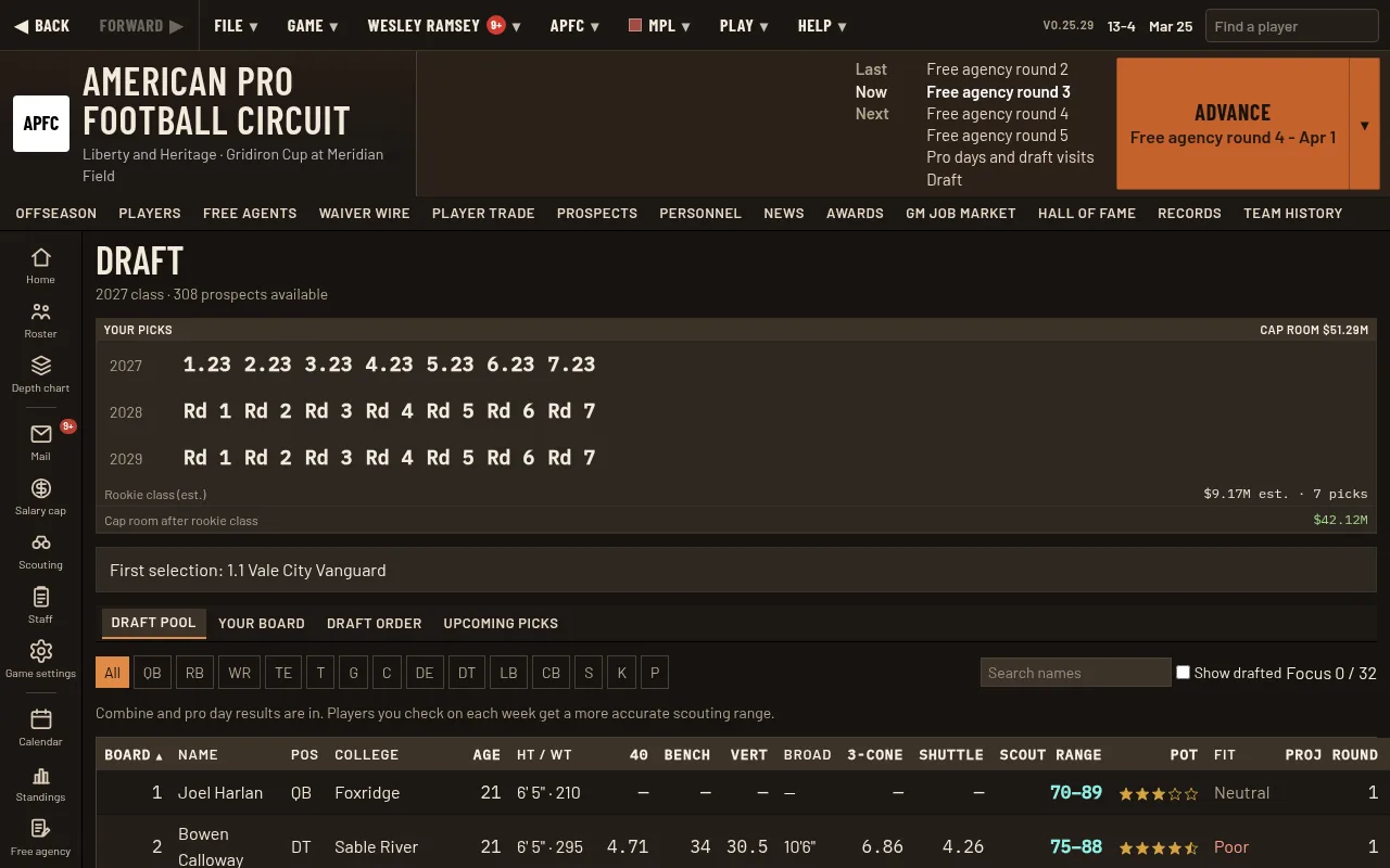 Draft screen: your picks for the next three years, rookie class cost, and a draft pool with combine results and scout ranges