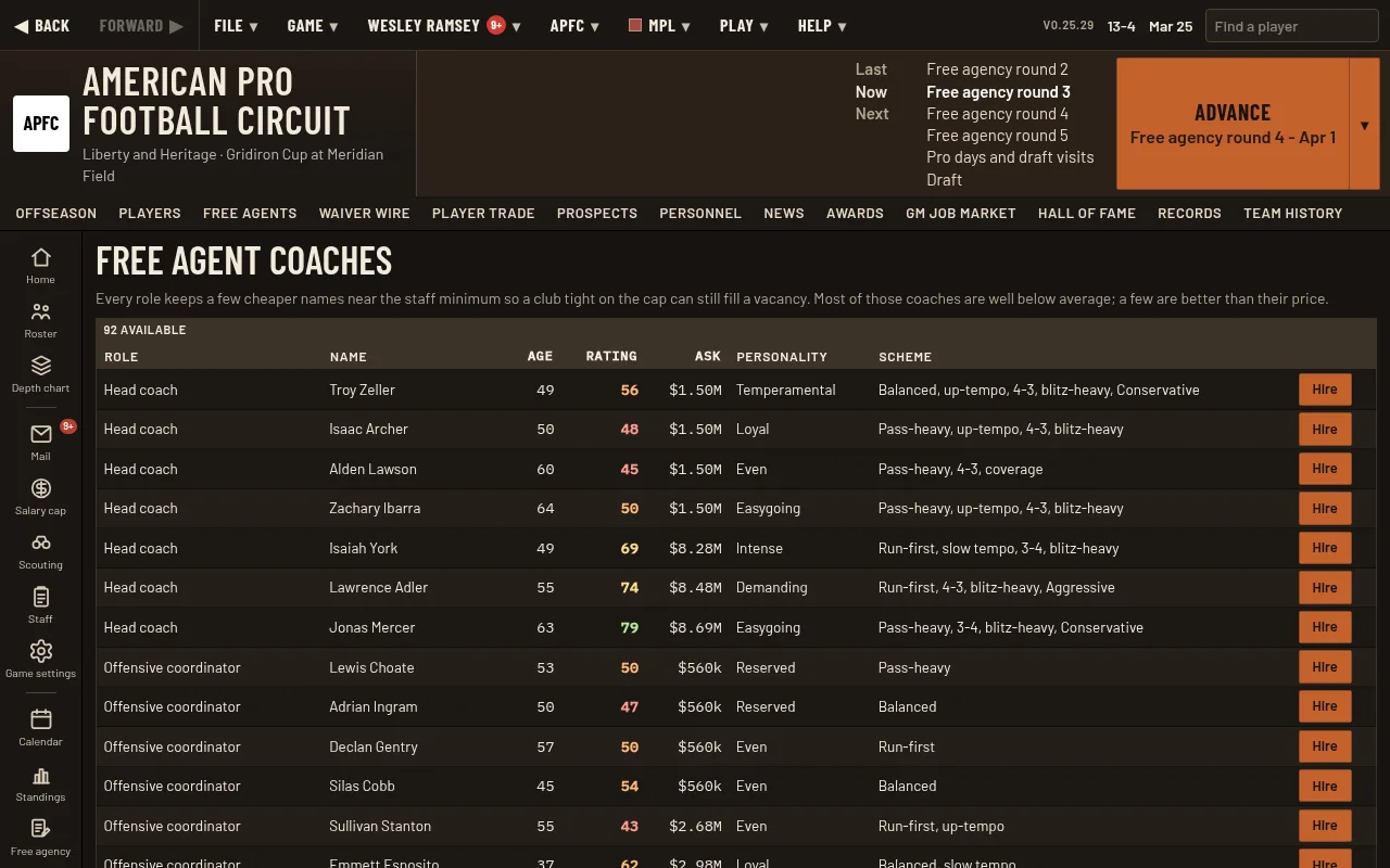 Free agent coaches with personality and scheme